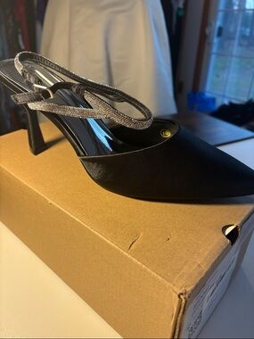 Black Satin Pointed Slingback Heels with Sparkling Strap